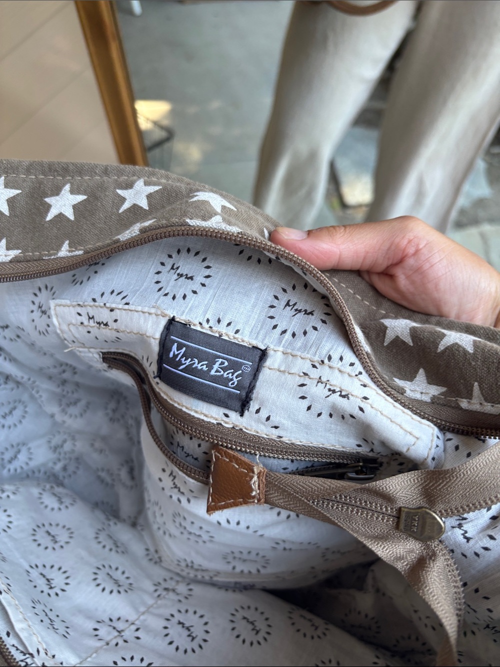 Myra Bag Taupe Star Canvas Tote with Brown Handles and White Stars - Picture 6 of 7